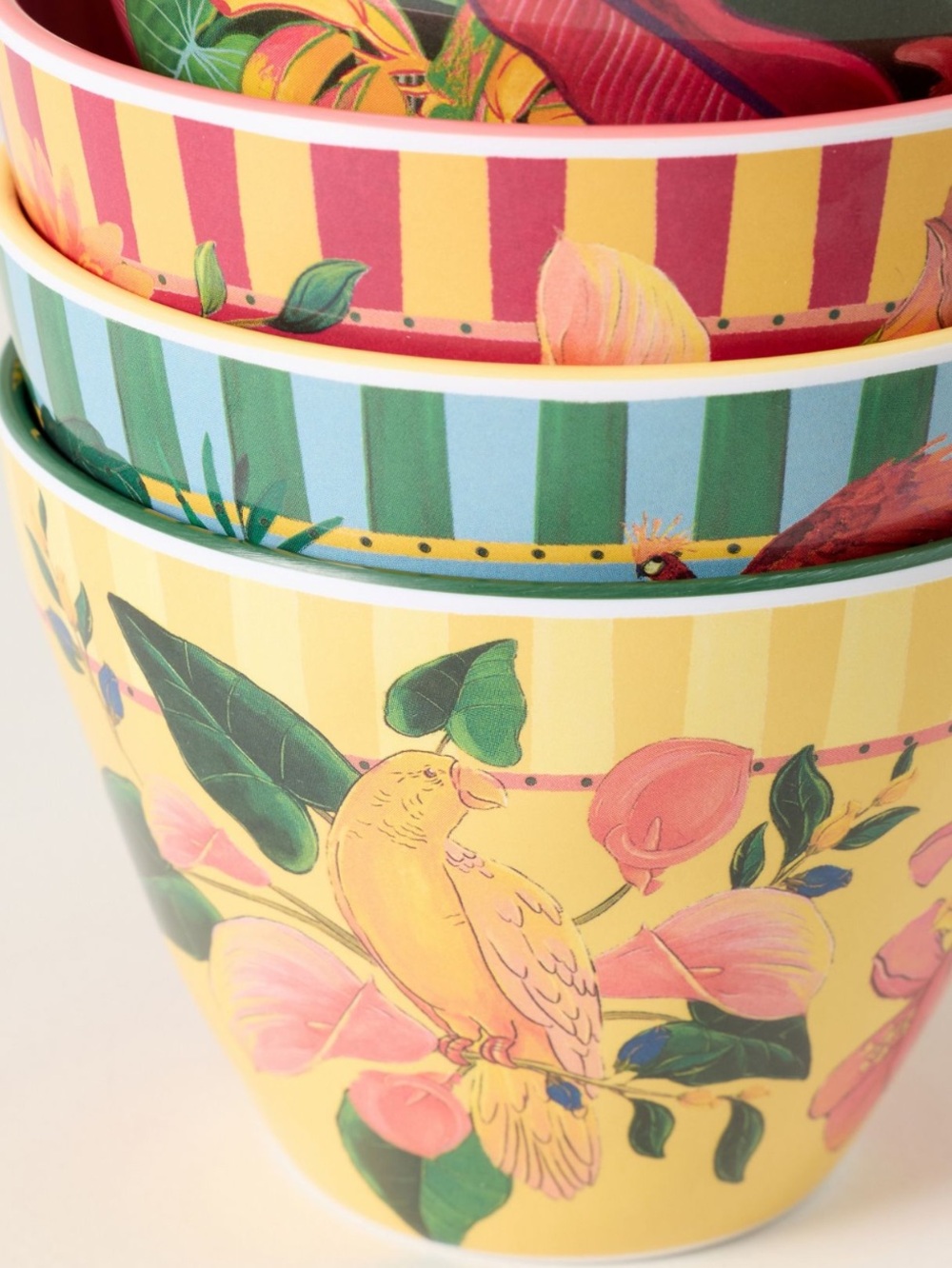 Anthropologie FARM Rio Melamine Bowls Nut New Red Yellow Bird Tropical Set of 4